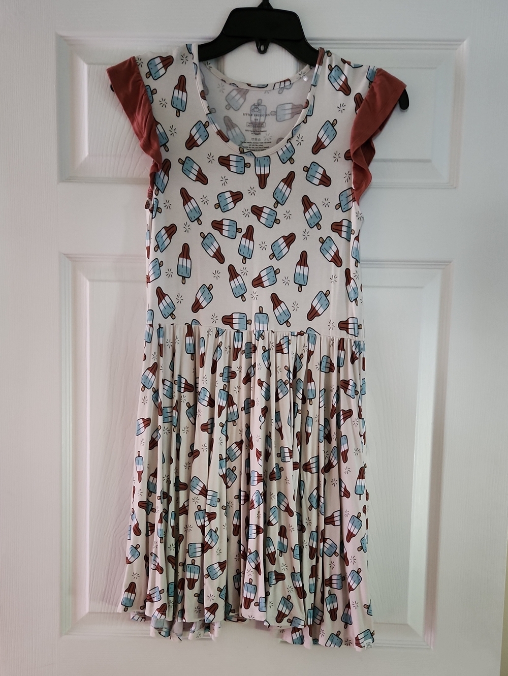 Girls Cream Popsicle Print Dress with Rust Ruffle Sleeves Size 16